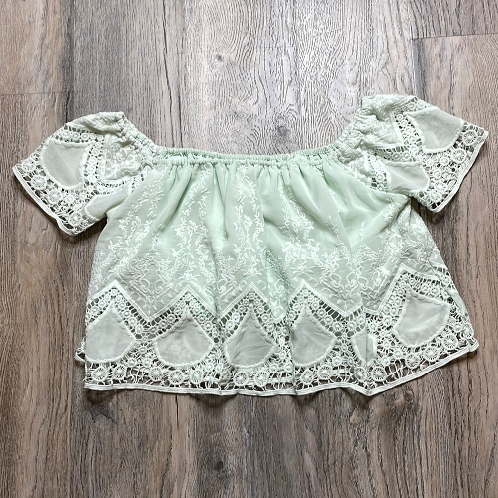 Lucy Paris Pale Green Mint Green Off the Shoulder Lace Crop Too, size small